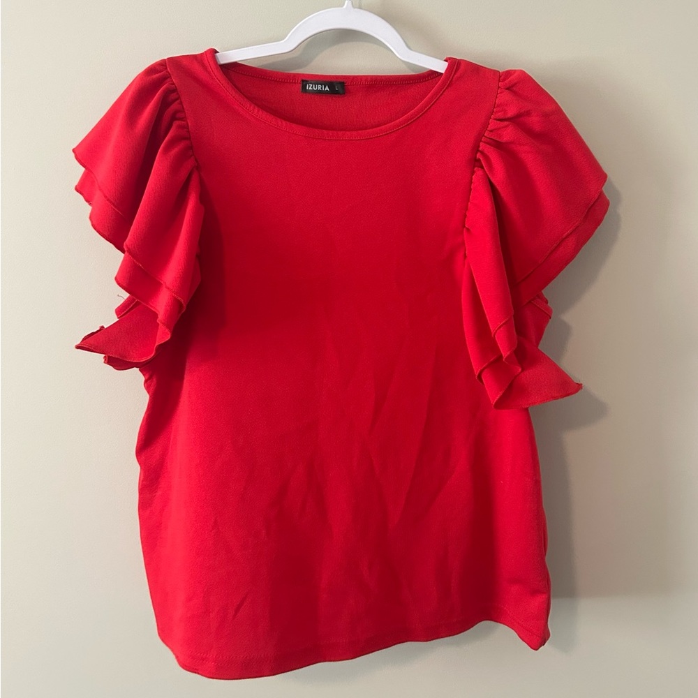 IZURIA Red Flutter Sleeve Crewneck Top Size L